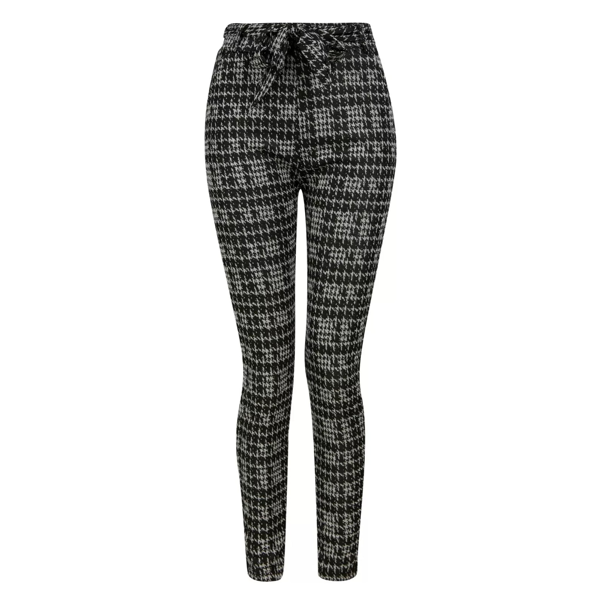Women's black and white houndstooth check slim fit trousers with tie waist